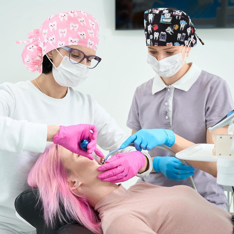 Tisancy 12 Pcs Dental Scrub Cap for Women Nurse Cap with Button Adjustable Dentist Surgical Hat Long Hair Ponytail Pouch Hat - Image 3